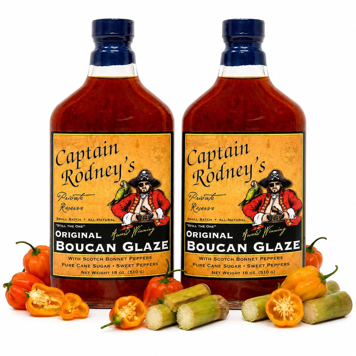 Captain Rodney's Boucan Glaze bottle being poured for bold sweet heat.