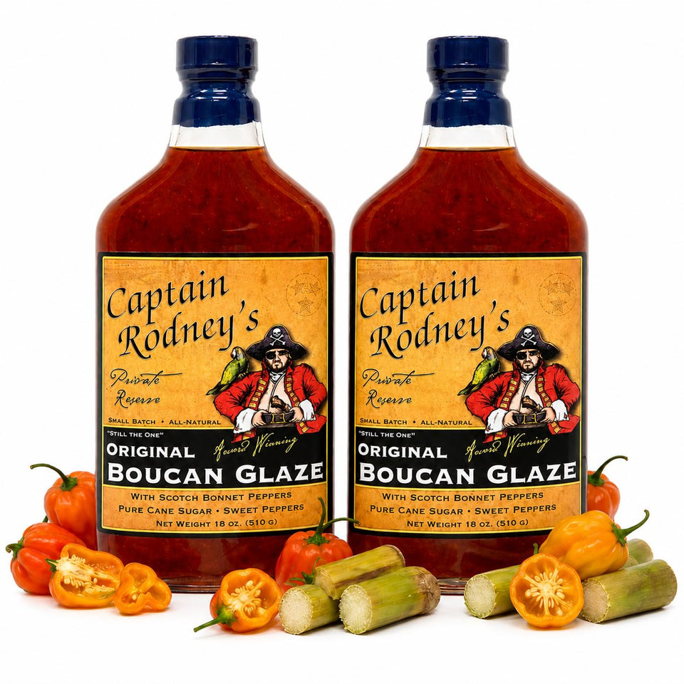 Captain Rodney's Boucan Glaze bottle being poured for bold sweet heat.