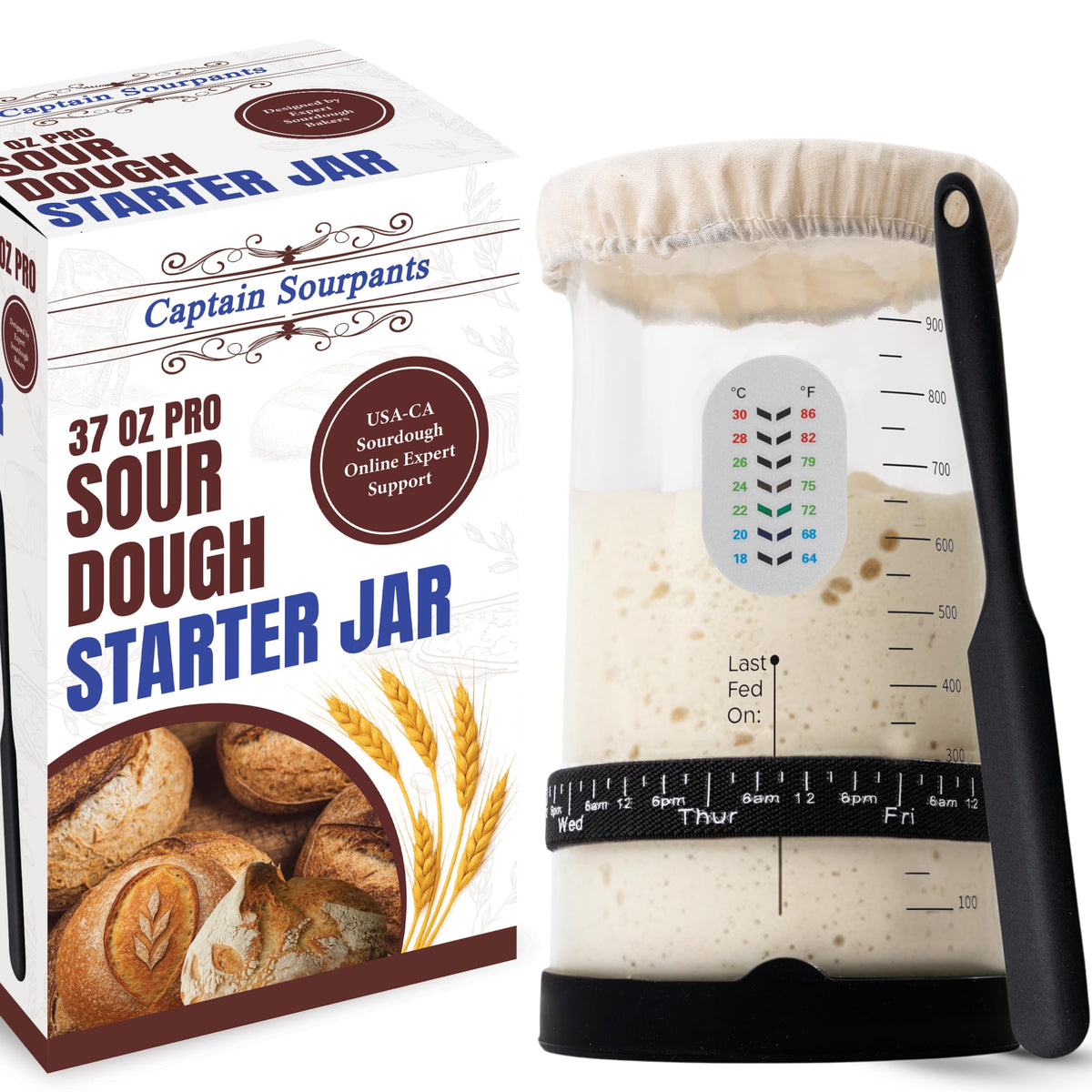 Captain Sourpants Pro Sourdough Jar 37oz wide mouth for easy feeding and monitoring.