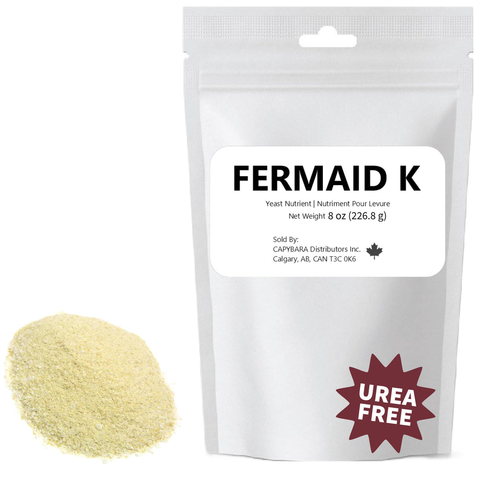 CAPYBARA Fermaid K yeast nutrient bottle supports clean, reliable fermentation for wine and mead.