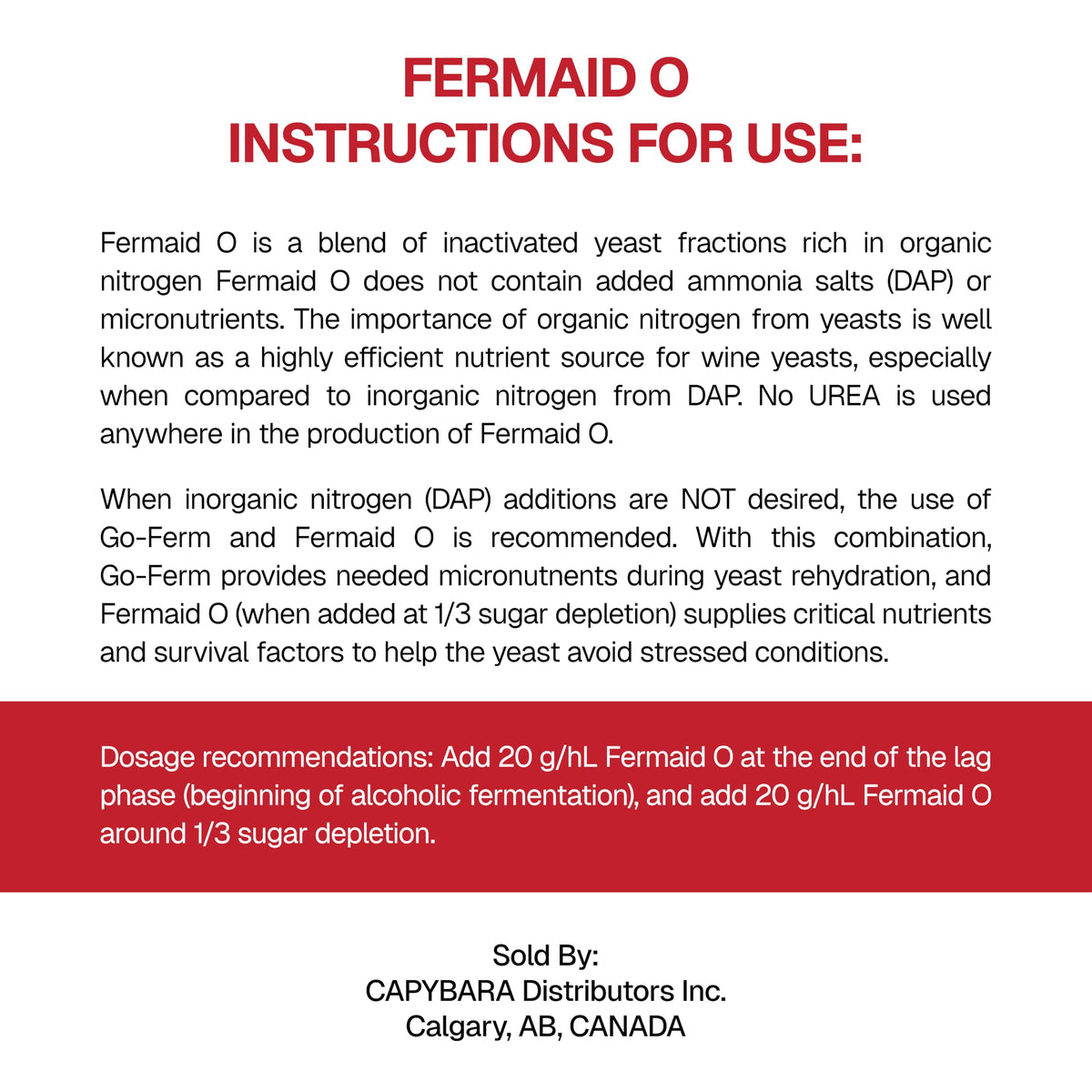 CAPYBARA Fermaid O dosing steps graphic showing 20 g/hL additions.
