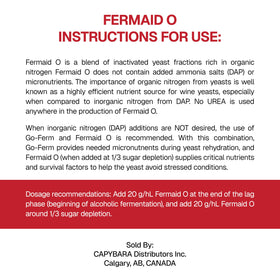CAPYBARA Fermaid O dosing steps graphic showing 20 g/hL additions.
