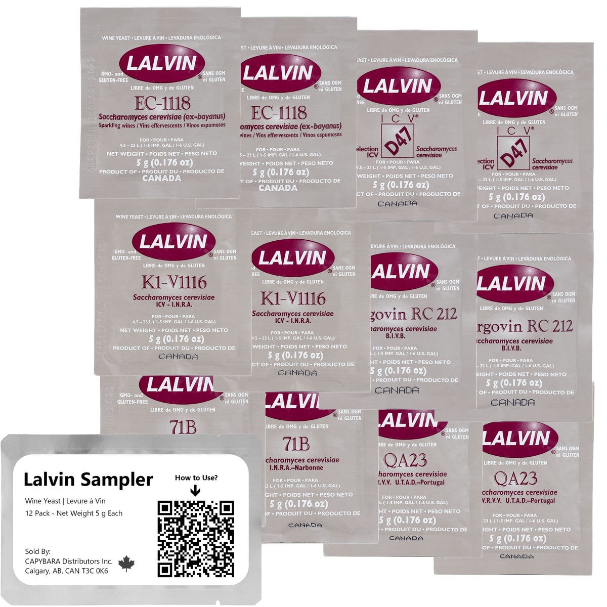 CAPYBARA Lalvin sampler yeast sachets for home fermentation and diverse wine styles.