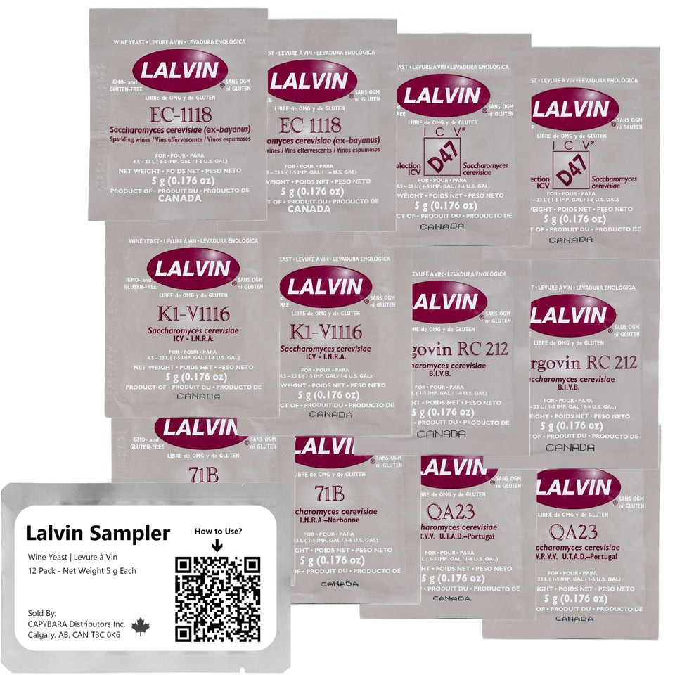 CAPYBARA Lalvin sampler yeast sachets for home fermentation and diverse wine styles.