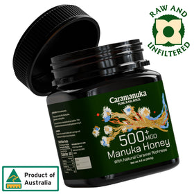 Caramanuka Manuka Honey MGO 500 bottle closeup label, independent lab-tested quality.