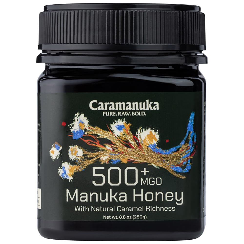 Caramanuka Manuka Honey MGO 500 bottle exterior, premium Australian flavor.