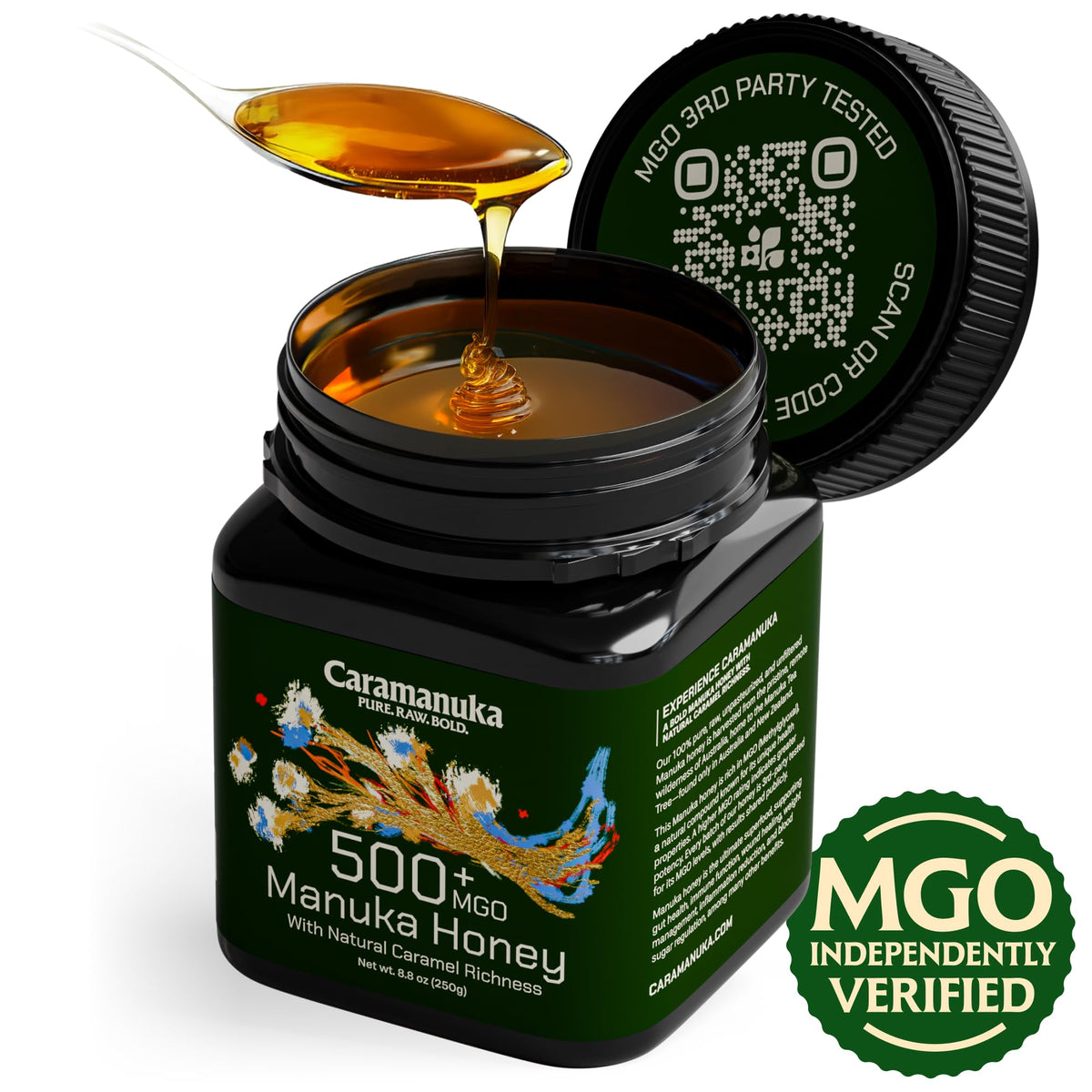 Caramanuka Manuka Honey MGO 500 glass jar, raw unfiltered texture with bold caramel notes.
