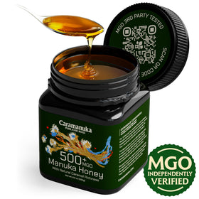 Caramanuka Manuka Honey MGO 500 glass jar, raw unfiltered texture with bold caramel notes.