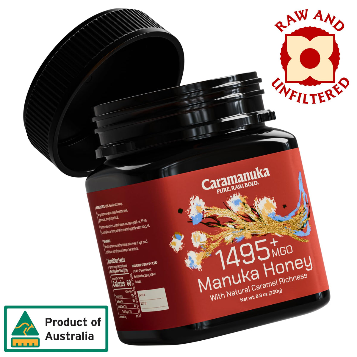 Caramanuka Manuka Honey jar closeup reveals raw, unfiltered texture and color.