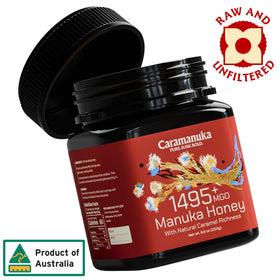 Caramanuka Manuka Honey jar closeup reveals raw, unfiltered texture and color.