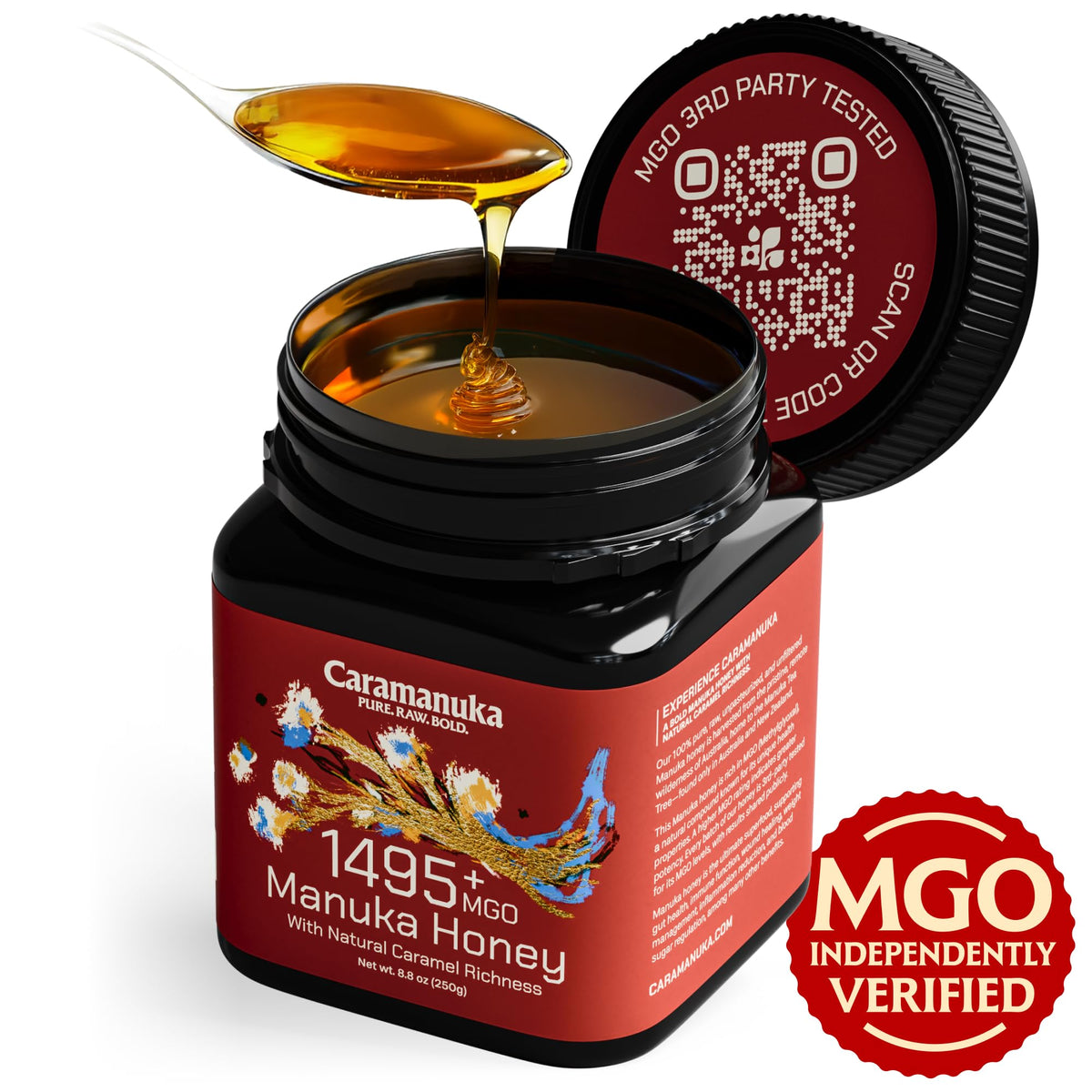 Caramanuka Manuka Honey label with QR highlight batch-tested transparency.