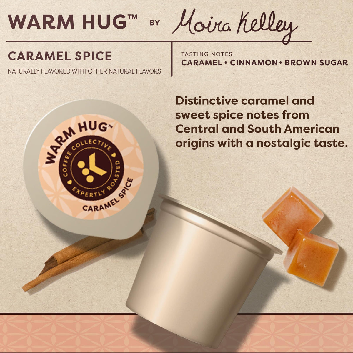 Steaming cup releasing caramel spice aroma with cinnamon hints