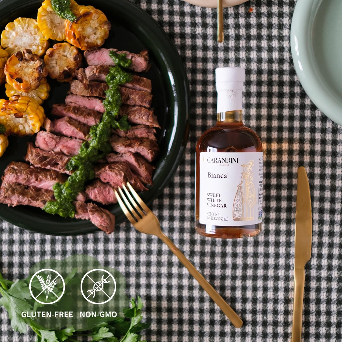 Carandini Bianca Sweet White Vinegar close-up reveals syrupy texture and balanced acidity.
