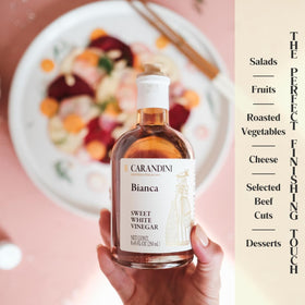 Carandini Bianca Sweet White Vinegar dressing bowl enhances vinaigrettes.