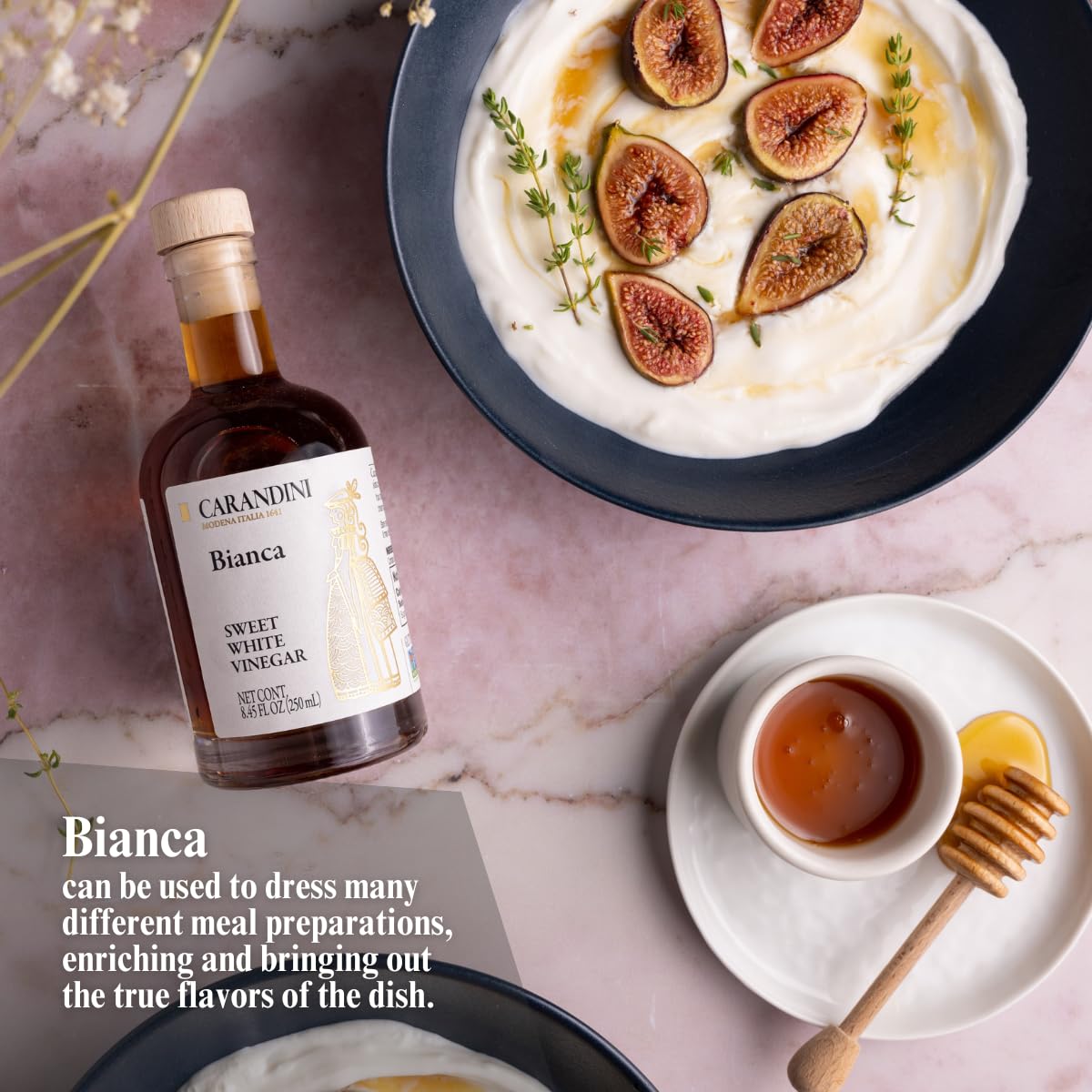 Carandini Bianca Sweet White Vinegar pairs with fish and poultry for refined meals.