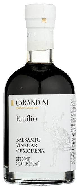 Carandini Emilio Silver balsamic bottle closeup highlighting rich color for dressings.