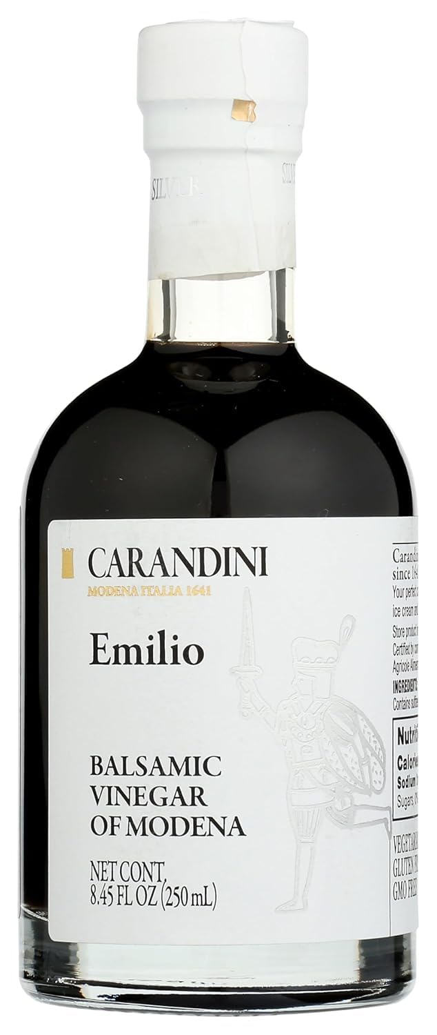 Carandini Emilio Silver balsamic bottle closeup highlighting rich color for dressings.