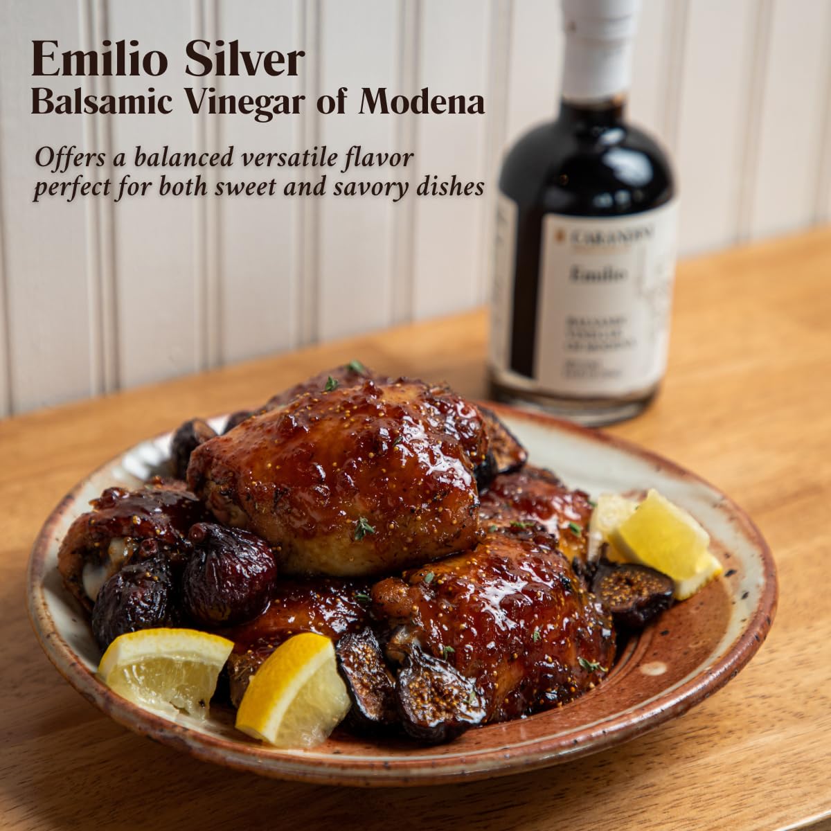 Carandini Emilio Silver balsamic label confirms gluten-free and vegan attributes.