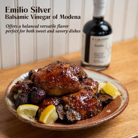 Carandini Emilio Silver balsamic label confirms gluten-free and vegan attributes.