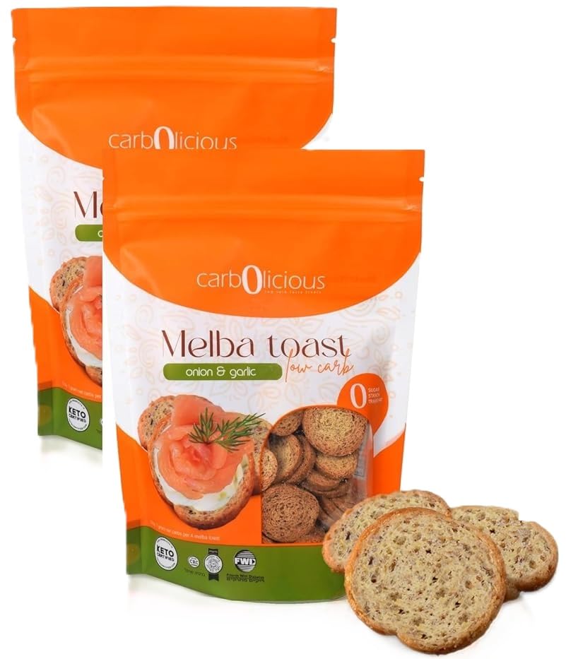 Carb-o-licious Melba Toast onion garlic 2-pack, ideal with cheese and dips.