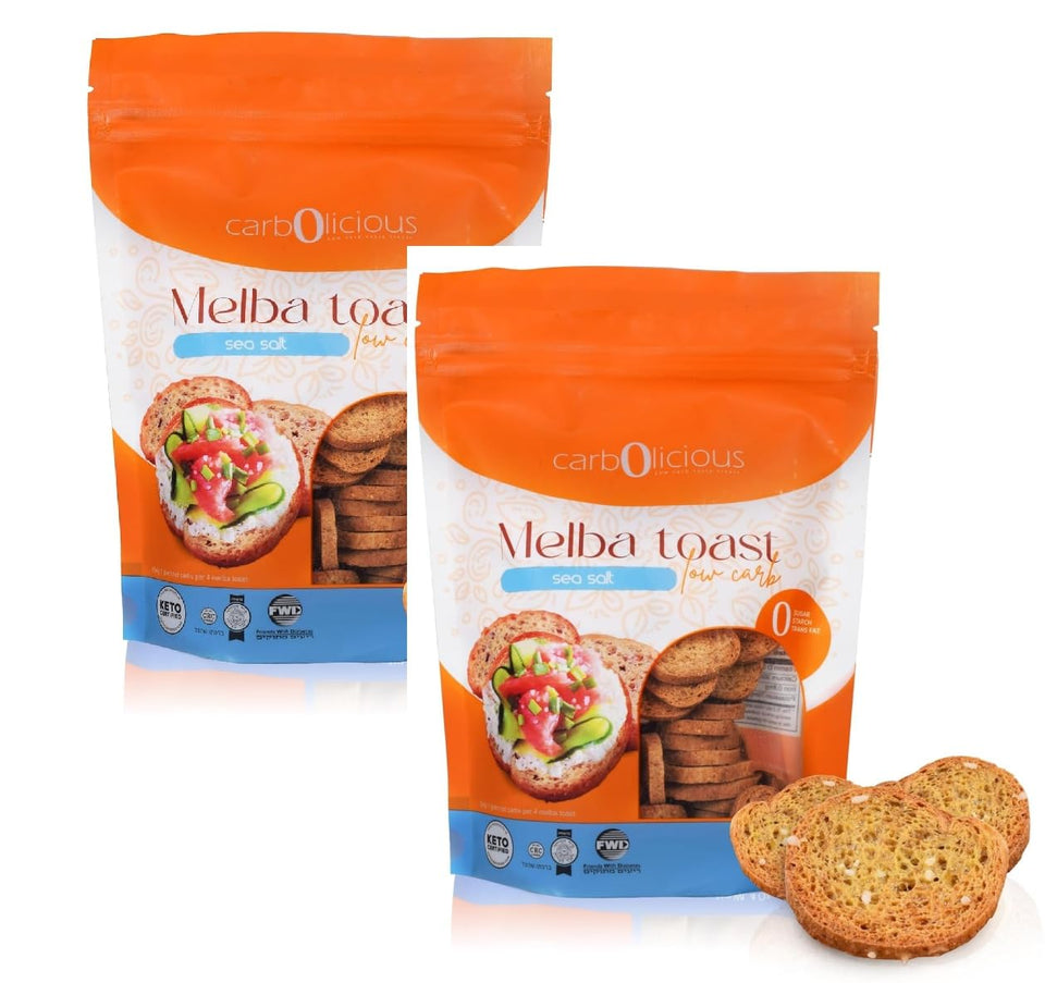 Carb-o-licious Melba Toast Sea Salt bites offer keto-friendly crunch for snacks and toppings.