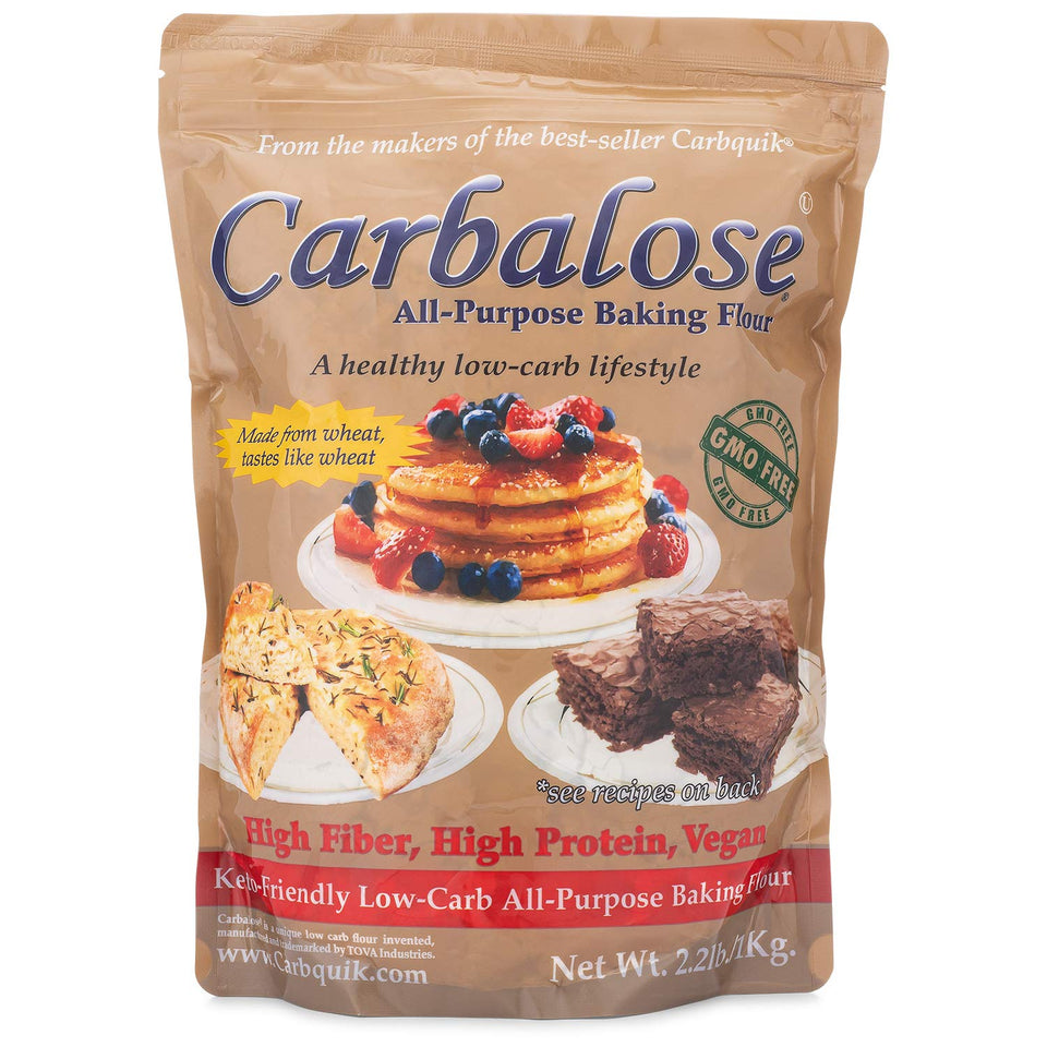 Carbalose all-purpose low-carb flour in resealable bag for easy storage and baking prep.