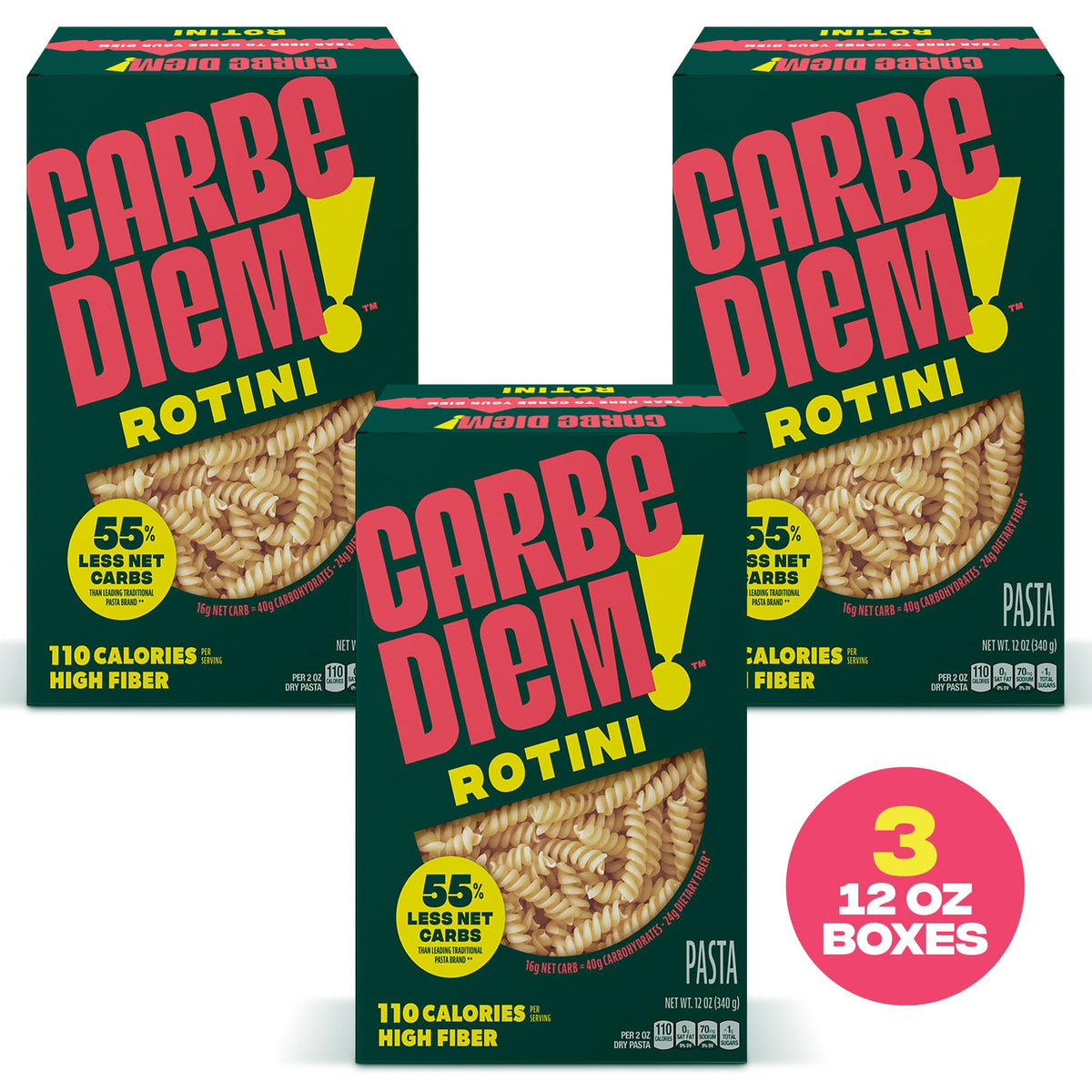 Raw Carbe Diem Rotini pasta, ready to boil for a saucy dinner.