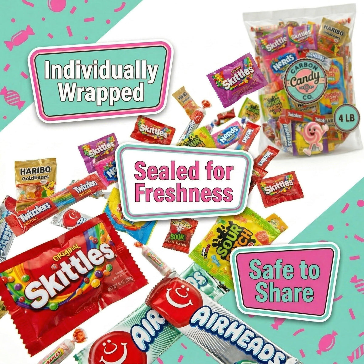 Candy buffet display featuring assorted wrapped sweets by Carbon Candy Co