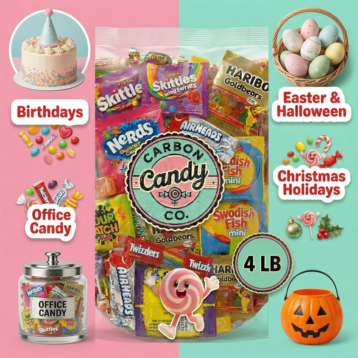 Party favor candy bags by Carbon Candy Co ready for guests