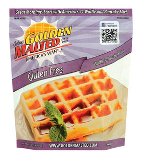 Carbon's Golden Malted gluten free mix bottle showing convenient gluten-free batter for waffles and pancakes