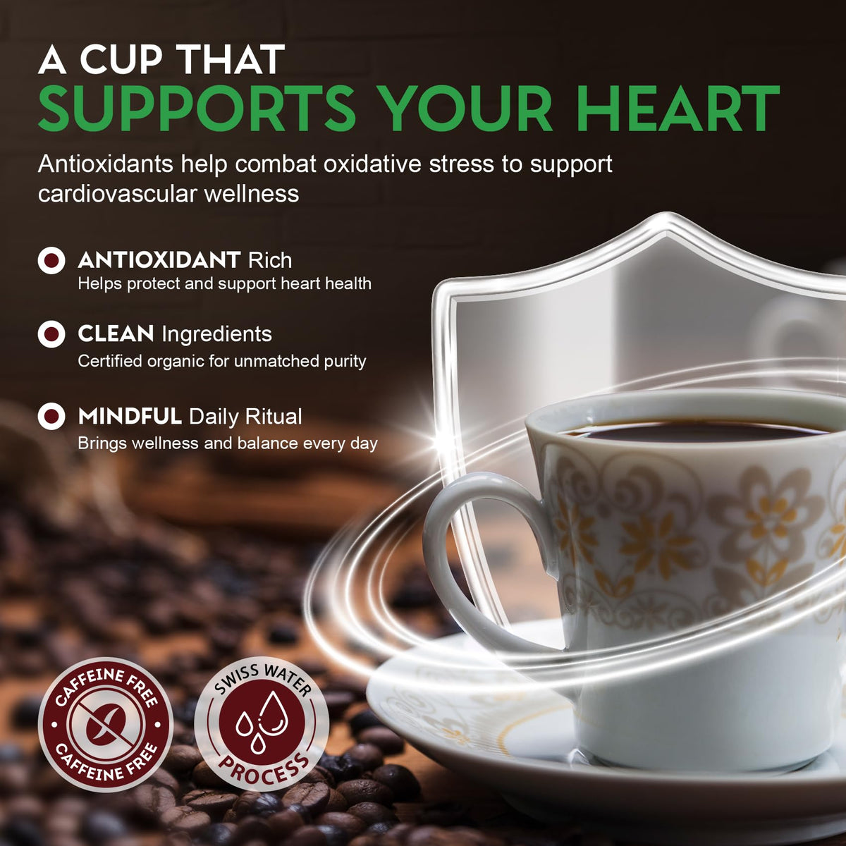 Cardiology Coffee decaf beans closeup highlighting rich flavor without caffeine