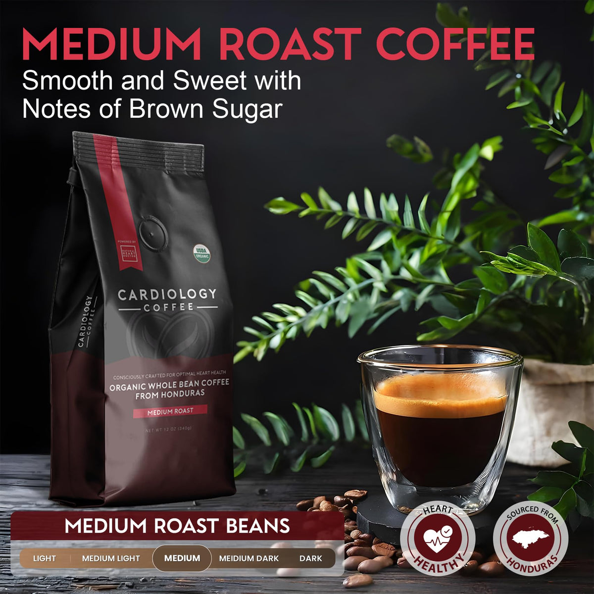 Cardiology Coffee medium roast delivers a smooth, chocolatey cup