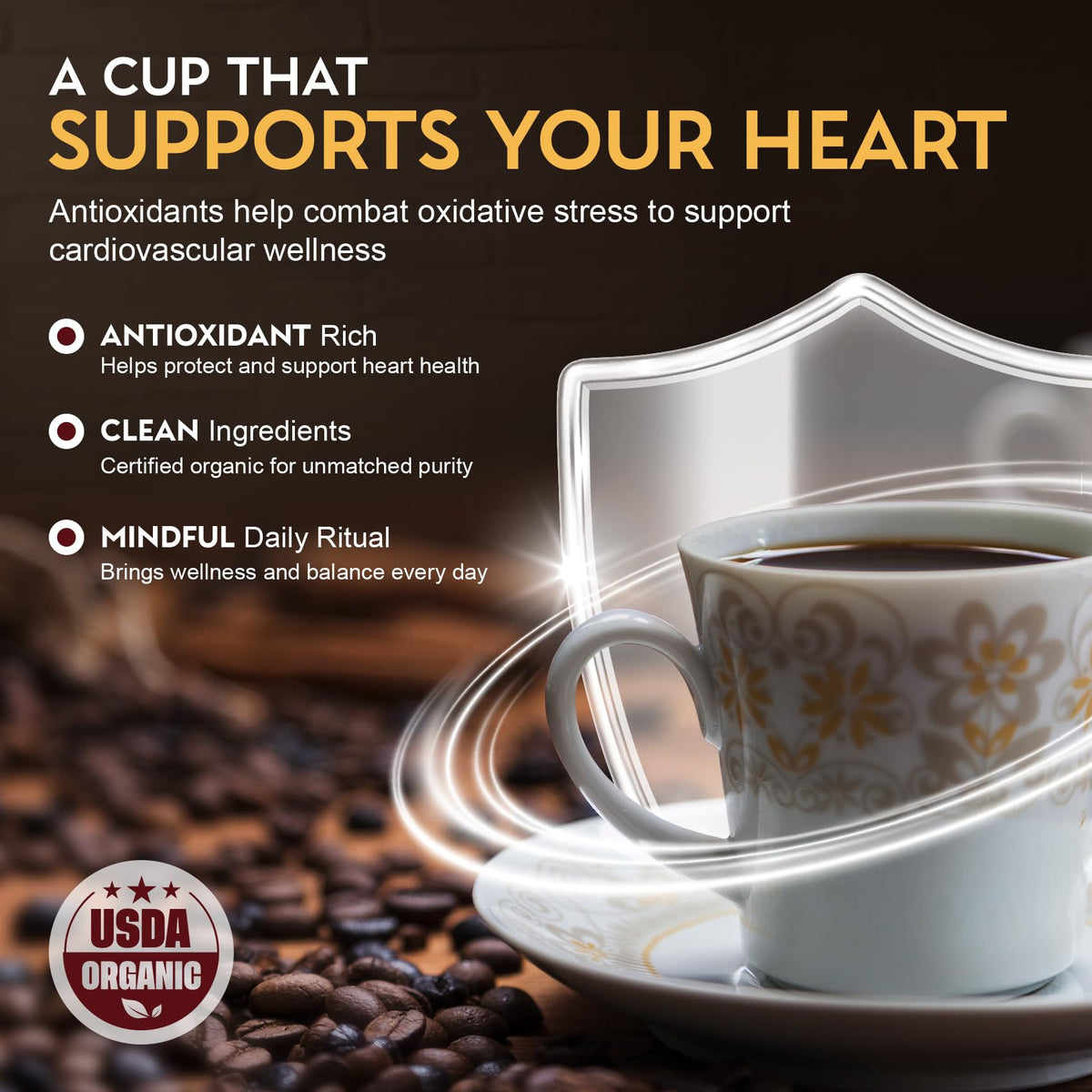 Cardiology Coffee packaging label signaling organic, mold-free quality for clean cups