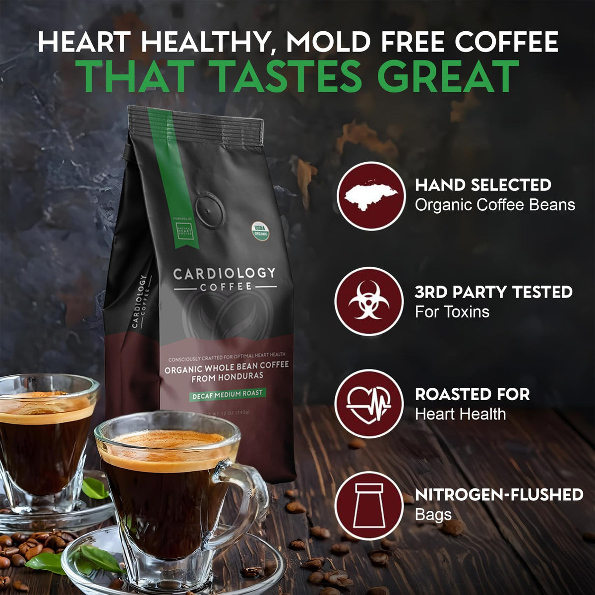 Cardiology Coffee rich nutty chocolate profile closeup on beans