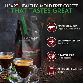 Cardiology Coffee rich nutty chocolate profile closeup on beans