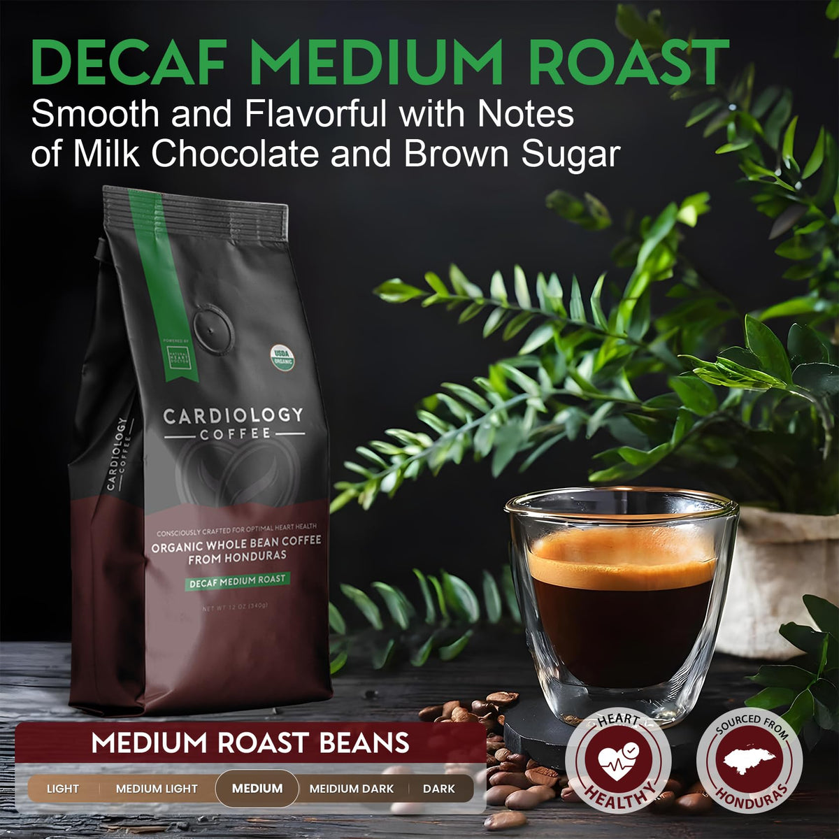 Cardiology Coffee Swiss Water process label indicating chemical-free decaf
