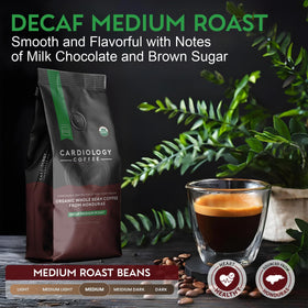 Cardiology Coffee Swiss Water process label indicating chemical-free decaf