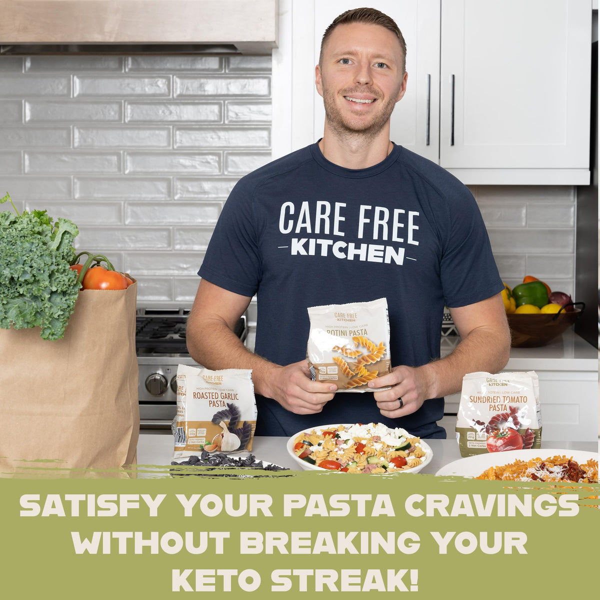 Care Free Kitchen Rotini Keto Pasta Roasted Garlic 8oz bag, aromatic and satisfying.