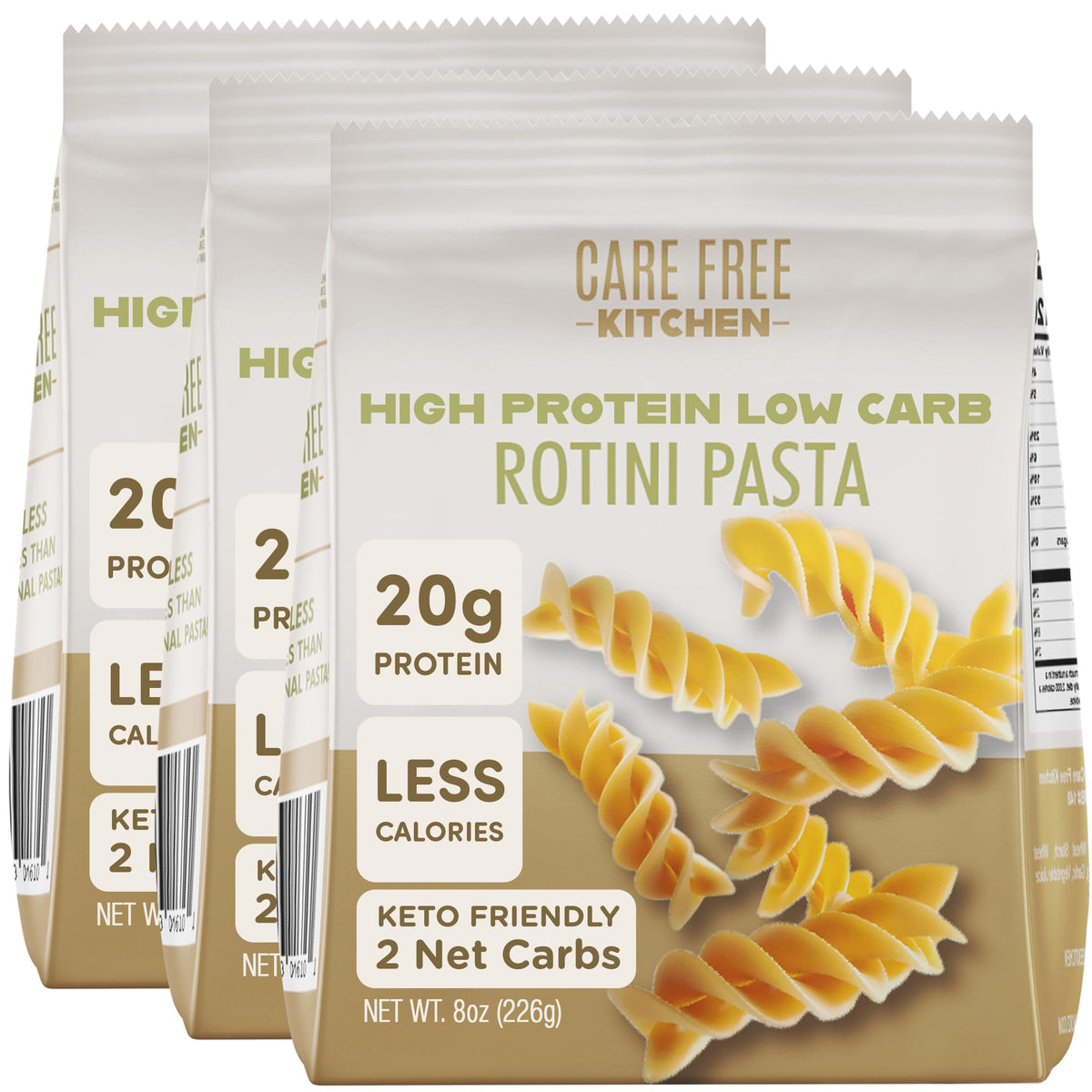 Care Free Kitchen Rotini plain 3-pack front, high-protein pasta option for quick meals.