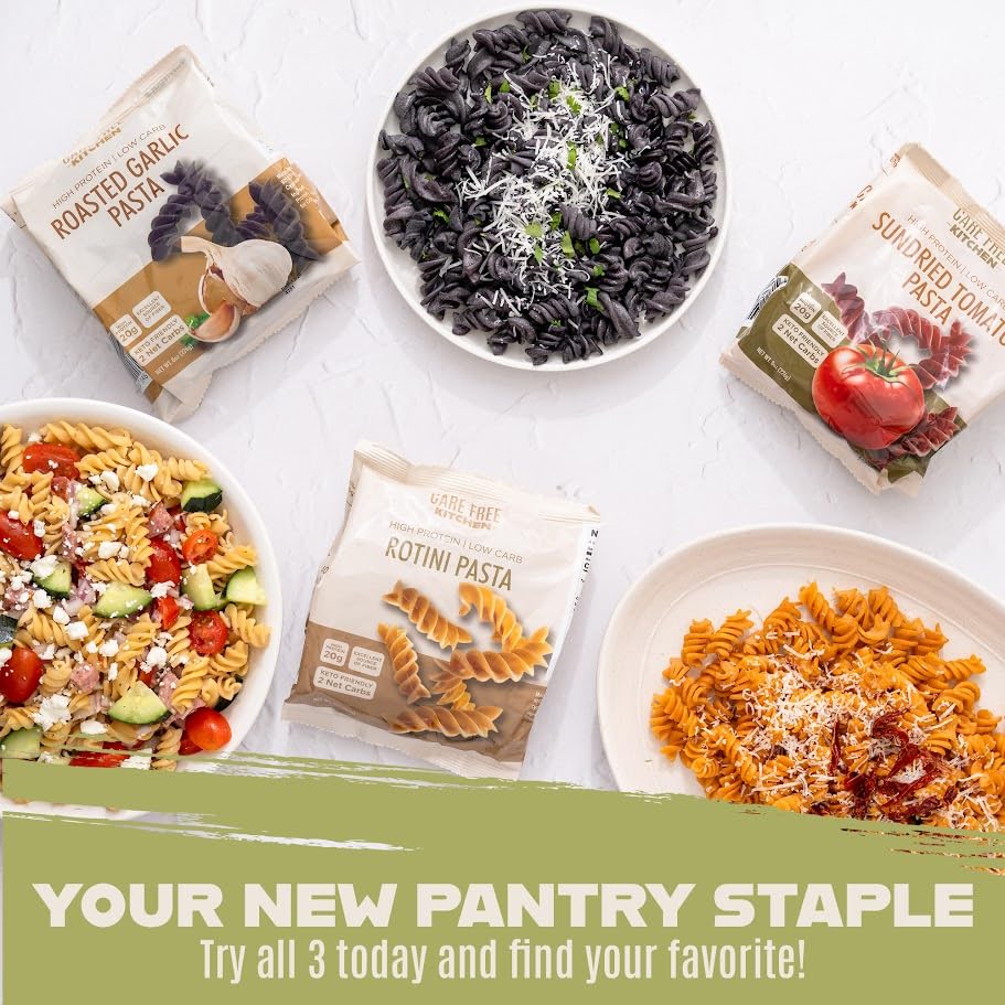 Care Free Kitchen Rotini plain label closeup, highlighting 20g protein per serving.