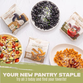 Care Free Kitchen Rotini plain label closeup, highlighting 20g protein per serving.