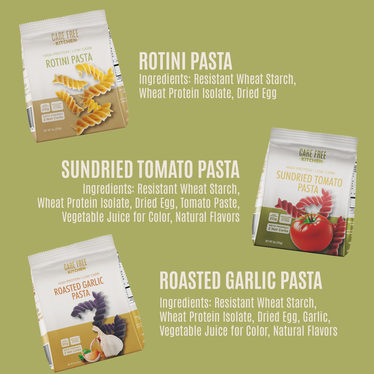 Care Free Kitchen Rotini Sundried Tomato plated, vibrant color and al dente texture.