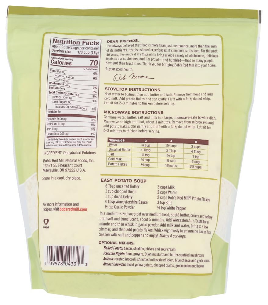 Carefree Caribou Bob's Red Mill Potato Flakes ingredients panel for easy prep.