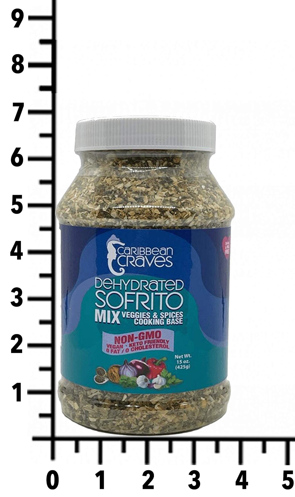 Caribbean Craves dehydrated sofrito mix label highlights vegan and keto-friendly attributes.