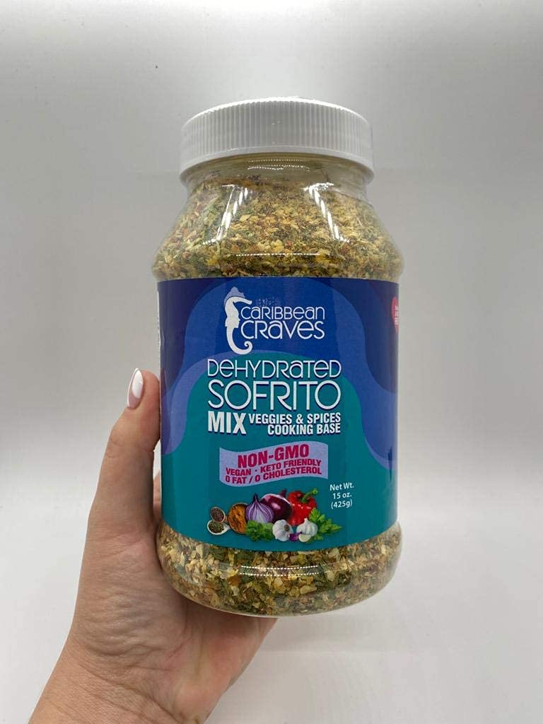 Caribbean Craves dehydrated sofrito mix close-up shows dry vegetable blend with herbs.