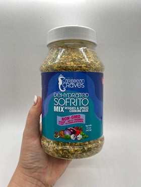 Caribbean Craves dehydrated sofrito mix close-up shows dry vegetable blend with herbs.