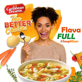 Caribbean Dreams Cock Soup Serving bowl shows a ready-to-enjoy Caribbean dish.