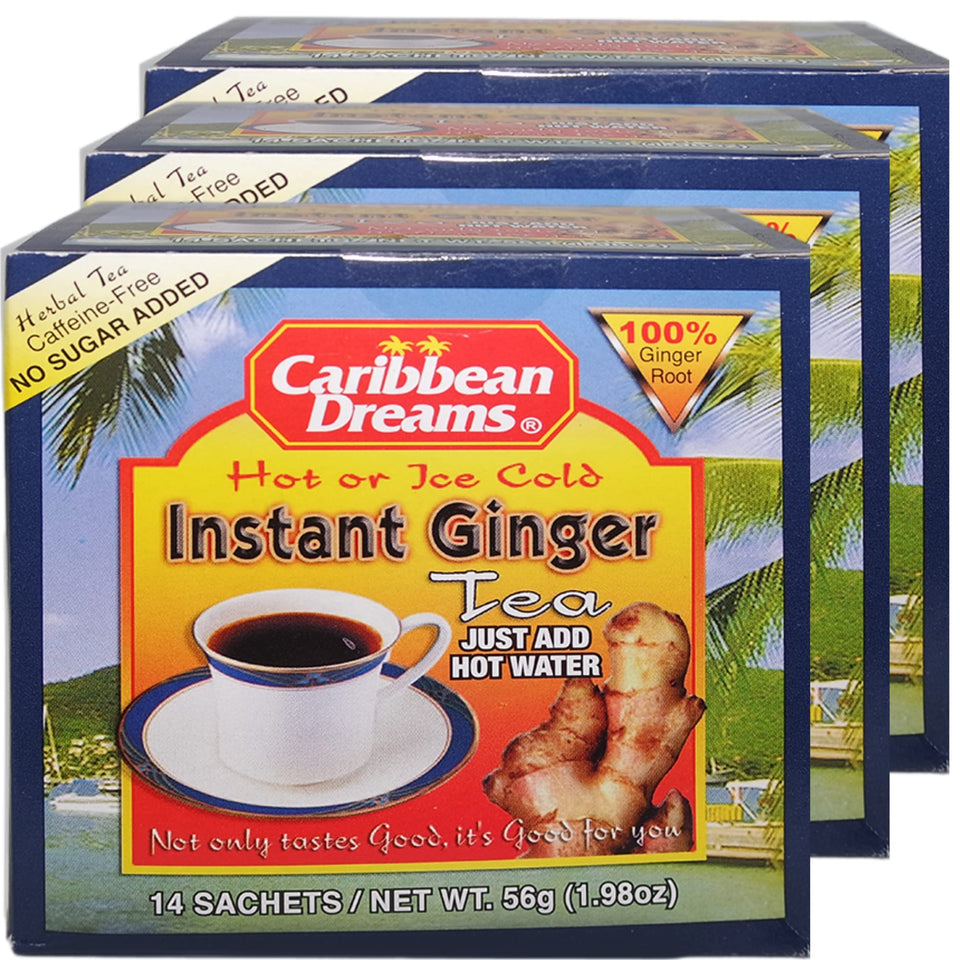Caribbean Dreams Instant Ginger Tea pack of 3 unsweetened sachets, 42 bags, bold ginger flavor