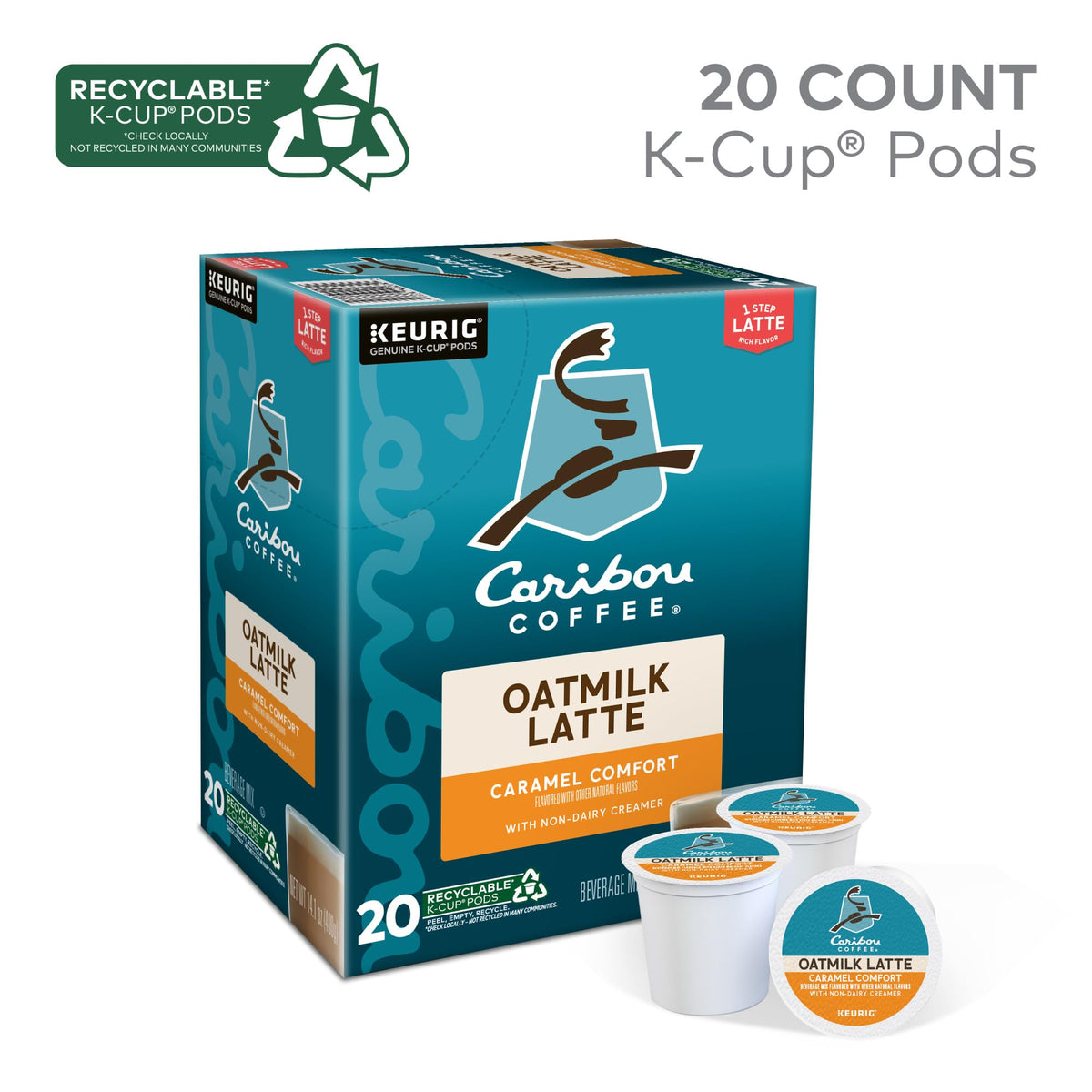Box of Caribou Coffee Caramel Comfort Oatmilk Latte K-Cups on a kitchen shelf.