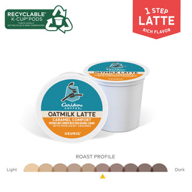 Latte cup with caramel drizzle and oatmilk foam featuring Caribou Coffee.